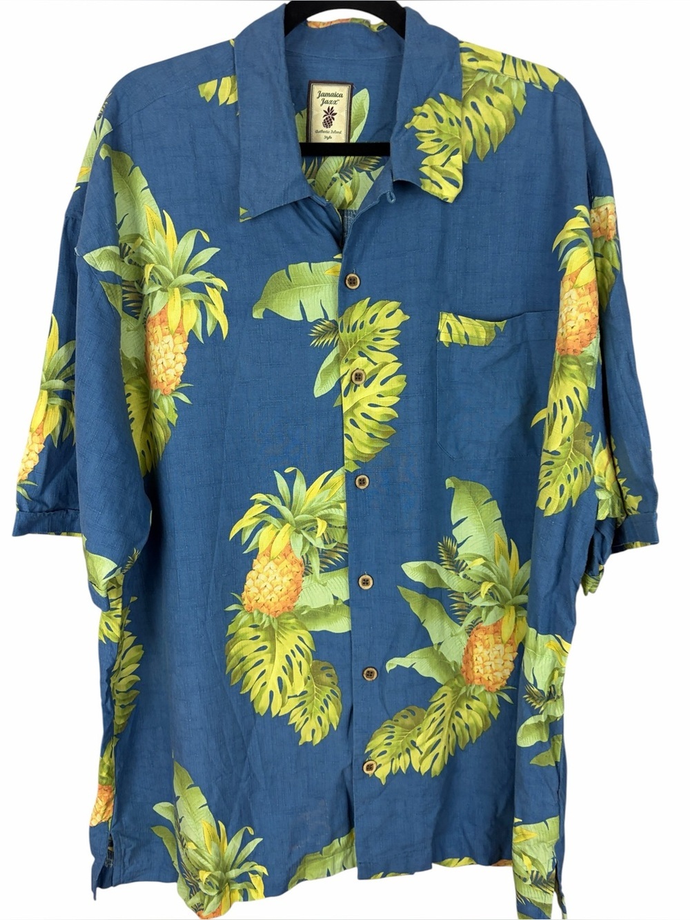 Jamaica Jaxx 100% Silk Hawaiian Pineapple Camp Shirt Men’s XXL Blue Tropical